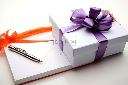 优雅白色框架的礼物盒，配有钢笔和红丝带