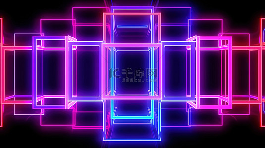 迷幻色背景图片_发光方形框架用紫外线和激光效果 3D 渲染照亮抽象迷幻背景