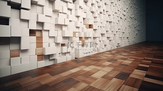 白色和棕色木材的简约立方体墙纹理透视渲染