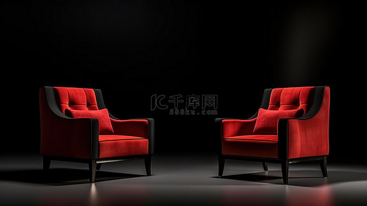 岗位述职背景图片_现代红色扶手椅和黑色椅子在 3D 渲染中设置在体现领导概念的黑色背景下