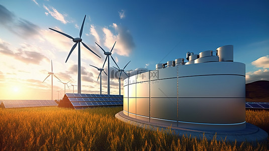 热力发电厂背景图片_背景为太阳能电池板和风力涡轮机的氢能储气罐的 3D 渲染