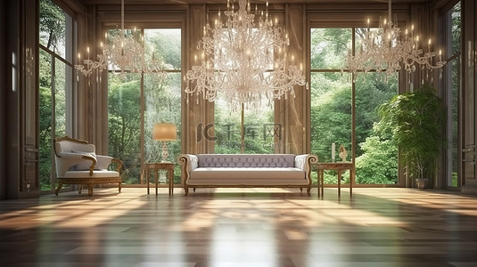 古典风格的优雅客厅，宁静模糊的自然背景 3D 渲染，配有豪华水晶吊灯
