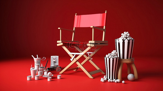 红色电影背景图片_红色窗帘与电影装饰周围导演椅的 3D 渲染