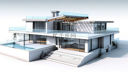 现代房屋建筑蓝图到现实 3D 插图