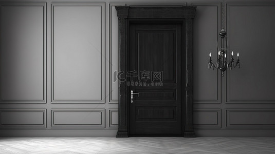黑色木门与黑色石材地板和墙壁的 3D 渲染