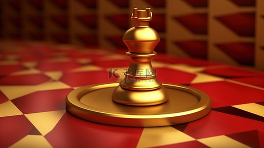 国际象棋皇后的图标 红色哑光金板上的金色符号，以 3D 形式呈现，用于社交媒体