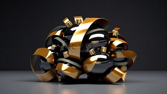 黑金圣诞节背景图片_3D 渲染丝带球圣诞树，具有抽象的黑色和金色设计