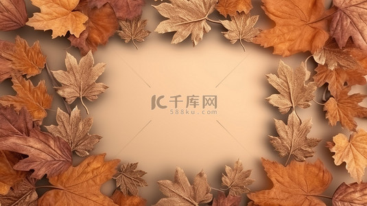 秋季清仓背景图片_迷人的秋季场景 3D 渲染树叶和框架的插图