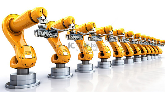 技术焊接背景图片_白色背景 3D 渲染的机器人手臂描绘了工业自动化