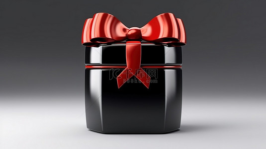 节日装饰元素隔离 3D 渲染黑色礼品盒，配有闪亮的红丝带，非常适合生日或周年纪念礼物