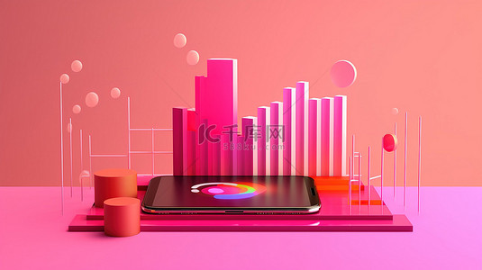 全站建站ui背景图片_用于移动应用程序和 Web 开发软件的粉红色背景上的 3D 渲染条形图信息图