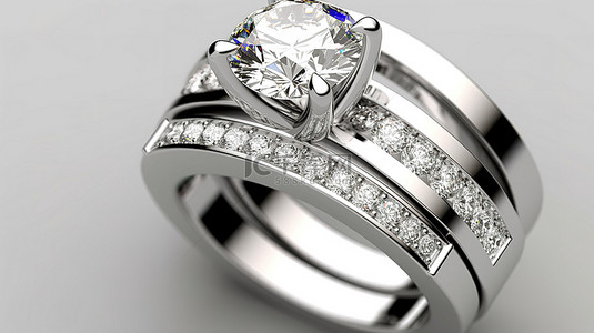 白金结婚戒指和订婚戒指套装的 3D 渲染
