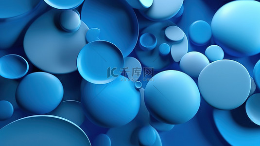 蓝色圆形形状和蓝色背景抽象 3D 艺术上的纹理球体的集合