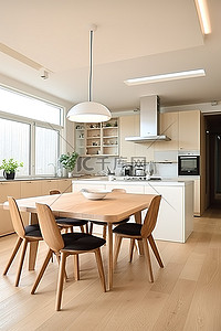 白色厨房配有浅色木地板和木桌