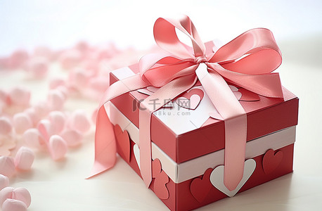 红色礼品盒背景图片_背景中有蝴蝶结和丝带的木制红色礼品盒