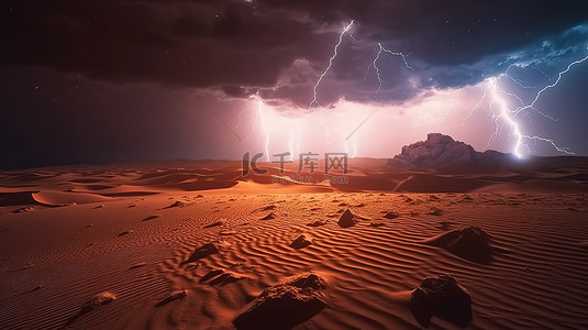 山天空风景背景图片_电光之夜闪电和沙尘暴照亮的沙漠景观