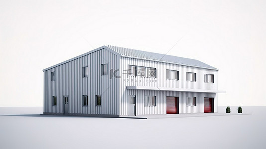 现代办公室和仓库设施，采用清晰的白色背景 3D 渲染