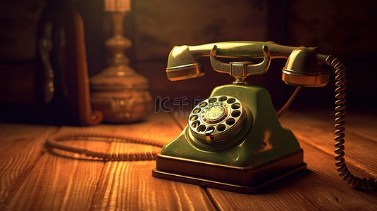 乡村木桌上老式电话的经典照片 3D 渲染