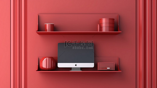 3d 插图红墙架与垂直背景下的电脑