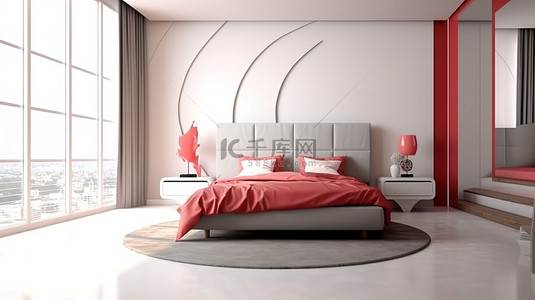 时尚别致的卧室设计，采用 3D 可视化红白调色板