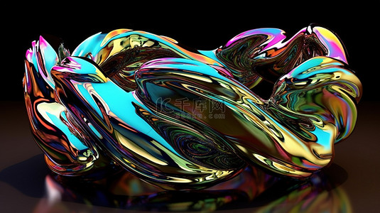 3D 渲染中铬材料扭曲形状，具有彩虹色和彩色反射
