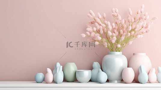 复活节主题 3D 插图横幅，其特色是装饰蛋兔和模型背景花瓶中的柔和彩色小树枝