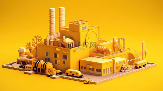 黄色结带背景图片_具有充满活力的黄色背景的 3D 工厂插图