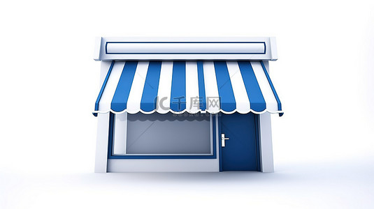 企业标志展示背景图片_带有蓝色店面标志的白色背景的 3D 渲染