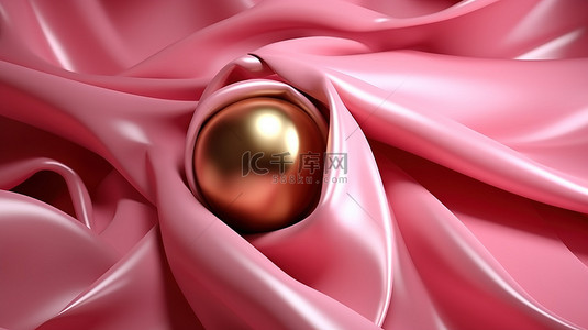 粉絲丝带背景图片_粉红色抽象背景上的金色 3D 球体，带有丝带波和褶皱
