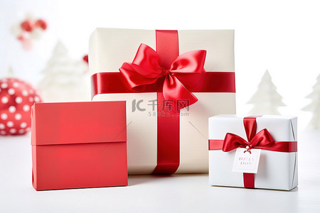 原创贴纸背景图片_用红色蝴蝶结包裹的礼物放在家里的白色表面上