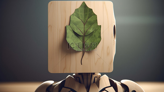 素食标志背景图片_机器人抱着生物标志的 3D 渲染，该标志由木材制成，周围绿树成荫