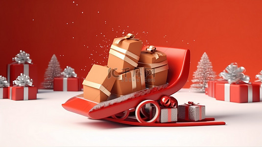 装饰着礼品盒的喜庆红色圣诞雪橇的 3D 插图