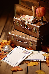 木地板上的信封信封信棕色皮革手提箱和秋叶