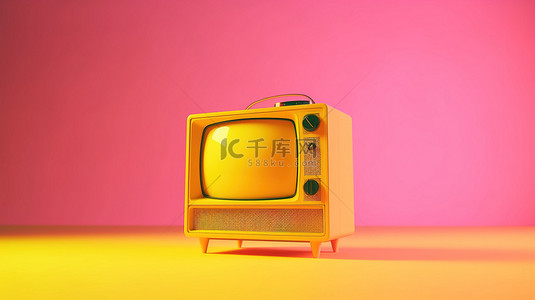 电视直播背景图片_粉红色背景上黄色的复古模拟电视 3d 渲染的老式电视，带有复制空间