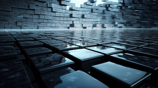 玻璃地板的 3D 渲染，带有黑色瓷砖墙及其裂缝空间投射的阴影