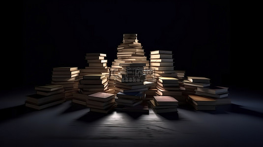 一堆以 3D 渲染的书籍上的照明和模糊的相互作用