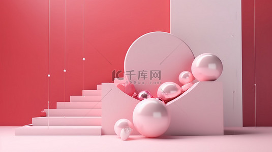 情人主题背景图片_情人节主题讲台展示，心形和粉红色球在 3D 渲染中描绘