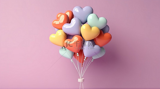 充满活力的心形气球簇，靠在 3D 创建的淡粉色墙壁上