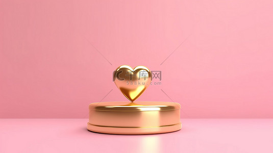 闪亮的金心站在粉红色的背景上，非常适合情人节和通过 3D 渲染创建的婚礼