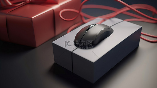 3D 渲染中的电脑鼠标和礼品盒