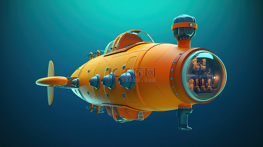 一艘卡通潜艇在海洋中近距离滑行的 3D 渲染