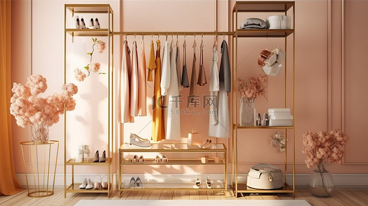 时尚的微型衣柜靠近玻璃隔板，装饰有金色架子和口音 3D 渲染设计