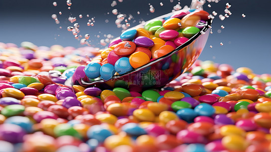 涂有彩虹色的糖果在空气中流动的 3D 插图