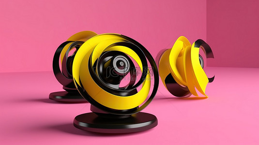 闪闪发光的黄色和黑色陀螺仪在充满活力的粉红色背景中令人惊叹的 3D 渲染