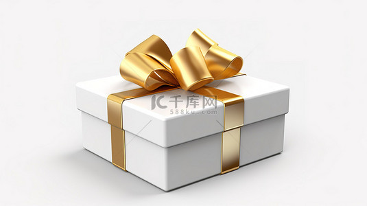 闪闪发光的金色蝴蝶结装饰逼真的 3D 白色礼盒