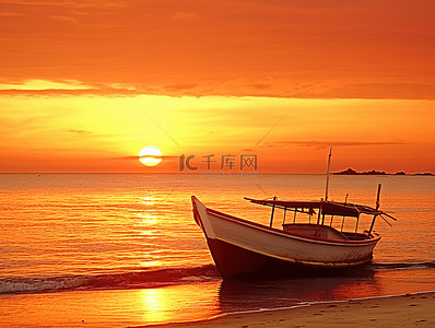 小船小船背景图片_海滩上一艘旧的白色小船，日落时上面有橙色的天空