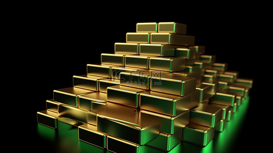 黑色背景上的上升绿色箭头从最小到最大堆叠的金条 3D 渲染