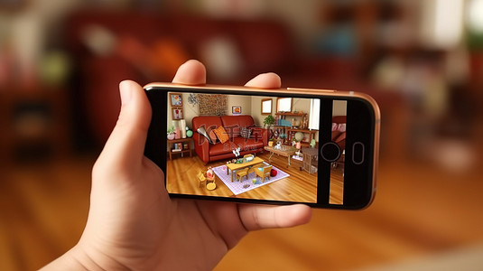 现代生活可爱的手抓住未来派 3D 渲染中的智能手机图标