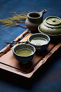 木托盘上放着两碗红茶和几碗绿茶