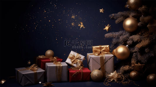 飘带金色背景图片_圣诞节金色礼品盒唯美冬季白色雪花